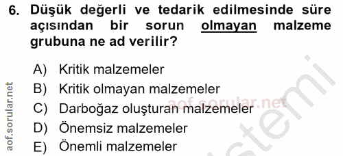 6. soru: Düşük değerli ve tedarik edilmesinde süre açısından bir sorun olmayan malzeme grubuna ne ad verilir? A) Kritik malzem…