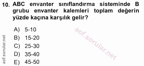 10. soru: ABC envanter sınıflandırma sisteminde B grubu envanter kalemleri toplam degerin yüzde kaçına karşılık gelir? A) 5-10…