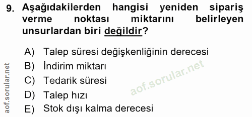 9. soru: Aşağıdakilerden hangisi yeniden sipariş verme noktası miktarını belirleyen unsurlardan biri değildir? A) Talep süresi…