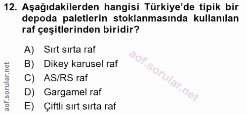 12. soru: Aşağıdakilerden hangisi Türkiye'de tipik bir depoda paletlerin stoklanmasında kullanılan raf çeşitlerinden biridir? A…