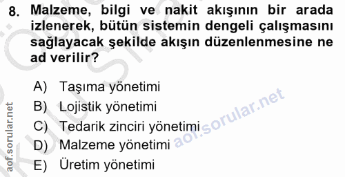 8. soru: Malzeme, bilgi ve nakit akışının bir arada izlenerek, bütün sistemin dengeli çalışmasını sağlayacak şekilde akışın dü…