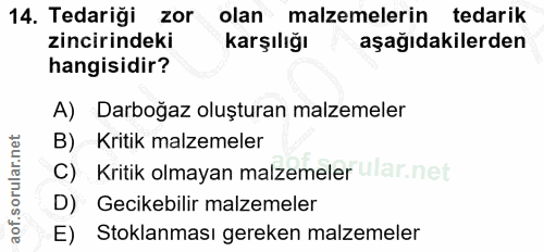 14. soru: Tedarigi zor olan malzemelerin tedarik zincirindeki karşılığı aşağıdakilerden hangisidir? A) Darboğaz oluşturan malze…