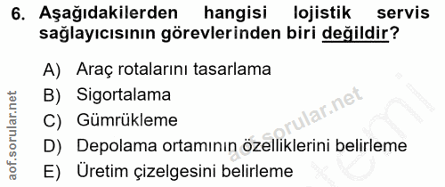 6. soru: Aşağıdakilerden hangisi lojistik servis sağlayıcısının görevlerinden biri değildir? A) Araç rotalarını tasarlama B) S…
