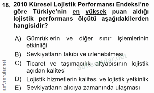 18. soru: 2010 Küresel Lojistik Performansı Endeksi'ne göre Türkiye'nin en yüksek puan aldığı lojistik performans ölçütü aşağıd…