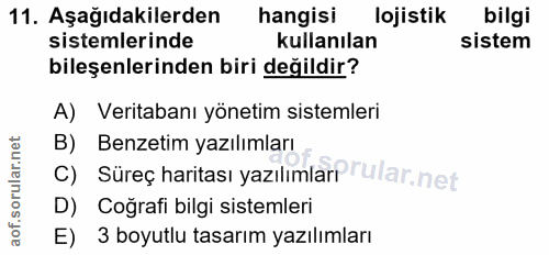 11. soru: Aşağıdakilerden hangisi lojistik bilgi sistemlerinde kullanılan sistem bileşenlerinden biri değildir? A) Veritabanı y…