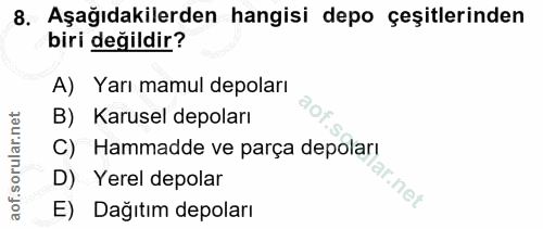 8. soru: Aşağıdakilerden hangisi depo çeşitlerinden biri değildir? A) Yarı mamul depoları B) Karusel depoları C) Hammadde ve p…