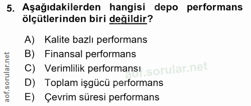 5. soru: Aşağıdakilerden hangisi depo performans ölçütlerinden biri değildir? A) Kalite bazlı performans B) Finansal performan…