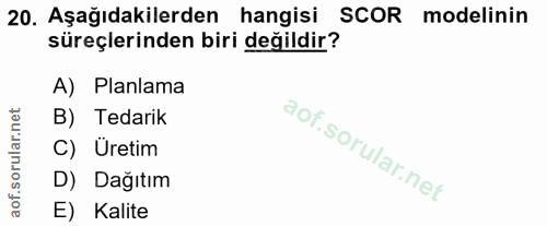 20. soru: Aşağıdakilerden hangisi SCOR modelinin süreçlerinden biri değildir? A) Planlama B) Tedarik C) Üretim D) Dağıtım E) Ka…