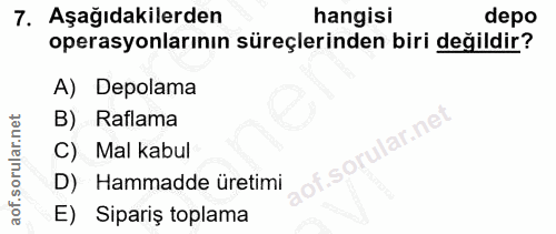 7. soru: Aşağıdakilerden hangisi depo operasyonlarının süreçlerinden biri değildir? A) Depolama B) Raflama C) Mal kabul D) Ham…