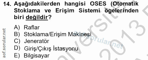 14. soru: Aşağıdakilerden hangisi OSES (Otomatik Stoklama ve Erişim Sistemi ögelerinden biri değildir? A) Raflar B) Stoklama/Er…