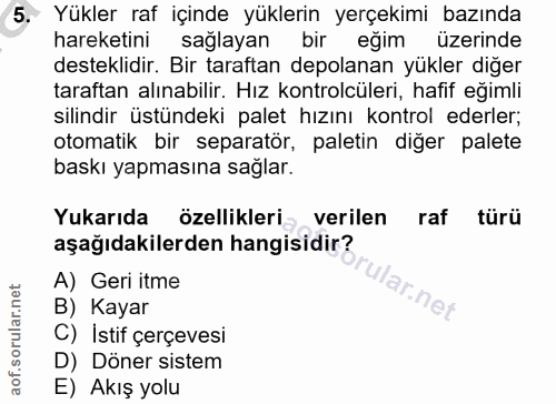 5. soru: Yükler raf içinde yüklerin yerçekimi bazında hareketini sağlayan bir eğim üzerinde desteklidir. Bir taraftan depolana…