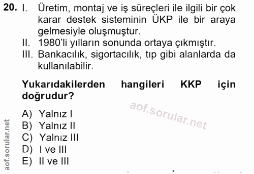 20. soru: I. Uretim, montaj ve iş süreçleri ile ilgili bir çok karar destek sisteminin UKP ile bir araya gelmesiyle oluşmuştur.…