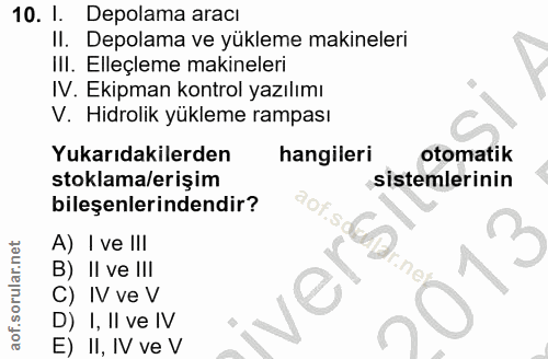 10. soru: 1. Depolama aracı II. Depolama ve yükleme makineleri III. Elleçleme makineleri IV. Ekipman kontrol yazılımı V. Hidrol…
