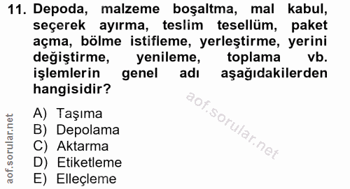 11. soru: Depoda, malzeme boşaltma, mal kabul, seçerek ayırma, teslim tesellüm, paket açma, bölme istifleme, yerleştirme, yerin…