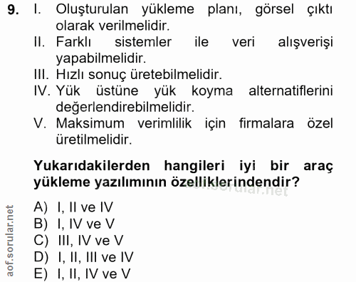 9. soru: I. Oluşturulan yükleme planı, görsel çıktı olarak verilmelidir. II. Farklı sistemler ile veri alışverişi yapabilmelid…