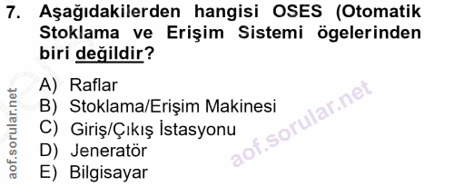 7. soru: Aşağıdakilerden hangisi OSES (Otomatik Stoklama ve Erişim Sistemi ögelerinden biri değildir? A) Raflar B) Stoklama/Er…