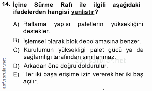 14. soru: Içine Sürme Rafı ile ilgili aşağıdaki ifadelerden hangisi yanlıştır? A) Raflama yapısı paletlerin yüksekliğini destek…