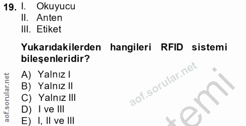 19. soru: 1. Okuyucu Il. Anten III. Etiket Yukarıdakilerden hangileri RFID sistemi bileşenleridir? A) Yalnız l B) Yalnız II C)…