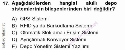 17. soru: Aşağıdakilerden hangisi akıllı depo sistemlerinin bileşenlerinden biri değildir? A) GPS Sistemi B) RFID ya da Barkodl…