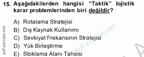 15. soru: Aşağıdakilerden hangisi "Taktik" lojistik karar problemlerinden biri değildir? A) Rotalama Stratejisi ir. net B) Dış…