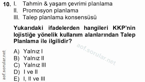 10. soru: I. Tahmin & yaşam çevrimi planlama II. Promosyon planlama IlI. Talep planlama konsensüsü Yukarıdaki ifadelerden hangi…