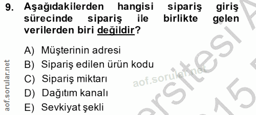 9. soru: Aşağıdakilerden hangisi sipariş giriş sürecinde sipariş ile birlikte gelen verilerden biri değildir? A) Müşterinin ad…