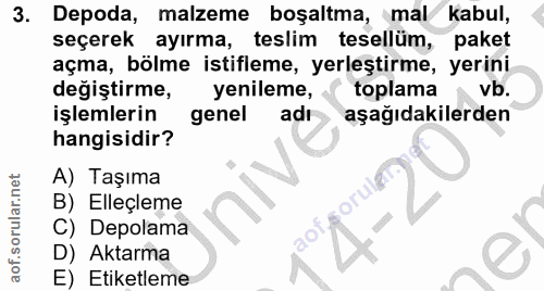3. soru: Depoda, malzeme boşaltma, mal kabul, seçerek ayirma, teslim tesellüm, paket açma, bölme istifleme, yerleştirme, yerin…