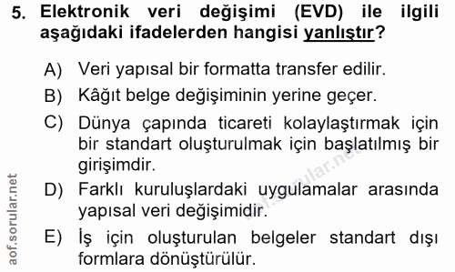 5. soru: Elektronik veri değişimi (EVD) ile ilgili aşağıdaki ifadelerden hangisi yanlıştır? A) Veri yapısal bir formatta trans…
