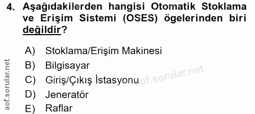 4. soru: Aşağıdakilerden hangisi Otomatik Stoklama ve Erişim Sistemi (OSES) ögelerinden biri değildir? A) Stoklama/Erişim Maki…