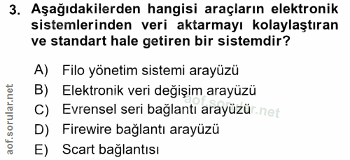 3. soru: Aşağıdakilerden hangisi araçların elektronik sistemlerinden veri aktarmayı kolaylaştıran ve standart hale getiren bir…