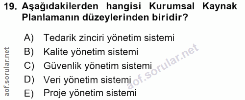 19. soru: Aşağıdakilerden hangisi Kurumsal Kaynak Planlamanın düzeylerinden biridir? A) Tedarik zinciri yönetim sistemi B) Kali…