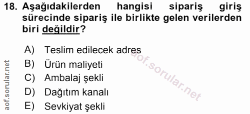 18. soru: Aşağıdakilerden hangisi sipariş giriş sürecinde sipariş ile birlikte gelen verilerden biri değildir? A) Teslim edilec…