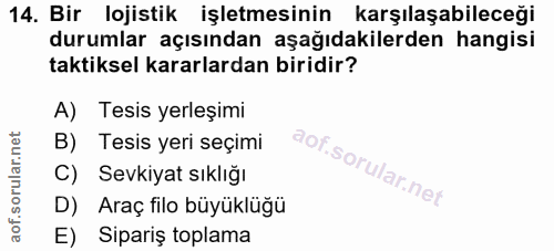 14. soru: Bir lojistik işletmesinin karşılaşabileceği durumlar açısından aşağıdakilerden hangisi taktiksel kararlardan biridir?…