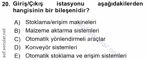 20. soru: Giriş/Çıkış istasyonu aşağıdakilerden hangisinin bir bileşenidir? A) Stoklama/erişim makineleri B) Malzeme aktarma si…