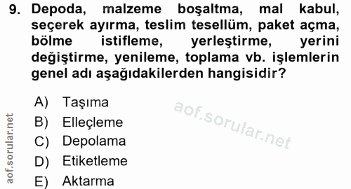 9. soru: Depoda, malzeme boşaltma, mal kabul, seçerek ayırma, teslim tesellüm, paket açma, bölme istifleme, yerleştirme, yerin…