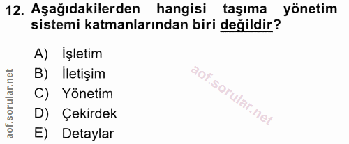 12. soru: Aşağıdakilerden hangisi taşıma yönetim sistemi katmanlarından biri değildir? A) İşletim B) İletişim C) Yönetim D) Çek…