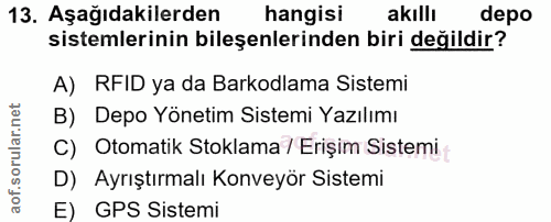13. soru: Aşağıdakilerden hangisi akıllı depo sistemlerinin bileşenlerinden biri değildir? A) RFID ya da Barkodlama Sistemi B)…