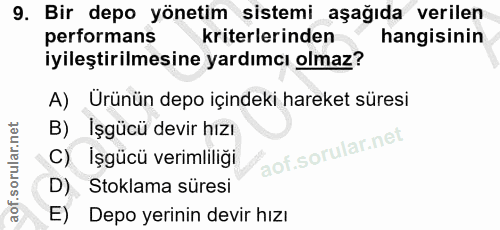 9. soru: Bir depo yönetim sistemi aşağıda verilen performans kriterlerinden hangisinin iyileştirilmesine yardımcı olmaz? A) Ür…