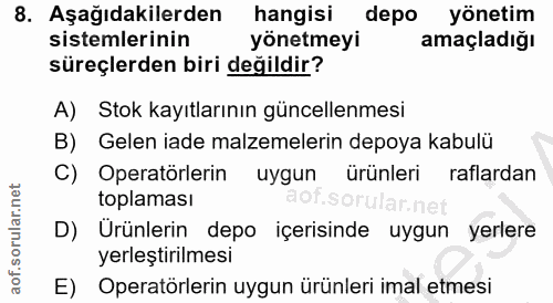 8. soru: Aşağıdakilerden hangisi depo yönetim sistemlerinin yönetmeyi amaçladığı süreçlerden biri değildir? A) Stok kayıtların…