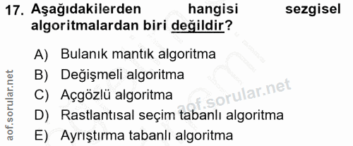 17. soru: Aşağıdakilerden hangisi sezgisel algoritmalardan biri değildir? A) Bulanık mantık algoritma B) Değişmeli algoritma or…