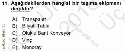 11. soru: Aşağıdakilerden hangisi bir taşıma ekipmanı değildir? A) Transpalet B) Bilyalı Tabla C) Oluklu Bant Konveyör D) Vinç…