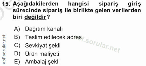15. soru: Aşağıdakilerden hangisi sipariş giriş sürecinde sipariş ile birlikte gelen verilerden biri değildir? A) Dağıtım kanal…