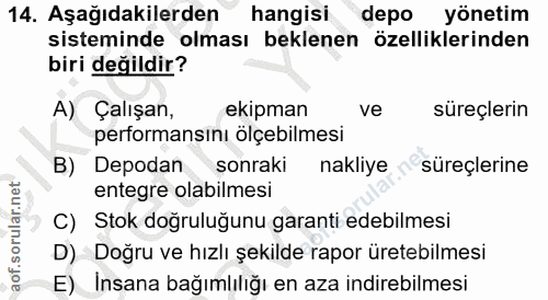14. soru: Aşağıdakilerden hangisi depo yönetim sisteminde olması beklenen özelliklerinden biri değildir? A) Çalışan, ekipman ve…