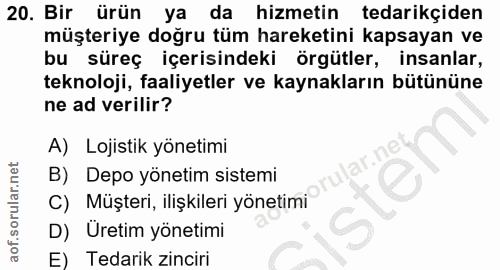 20. soru: Bir ürün ya da hizmetin tedarikçiden müşteriye doğru tüm hareketini kapsayan ve bu süreç içerisindeki örgütler, insan…