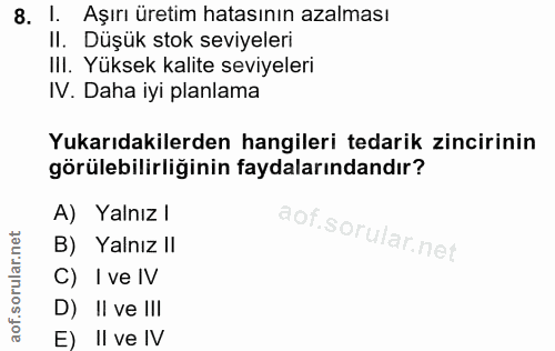 8. soru: l. Aşırı üretim hatasının azalması Il. Düşük stok seviyeleri IlI. Yüksek kalite seviyeleri IV. Daha iyi planlama Yuka…