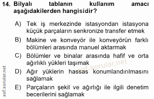 14. soru: Bilyall tablanın kullanım amacı aşağıdakilerden hangisidir? A) Tek iş merkezinde istasyondan istasyona küçük parçalar…