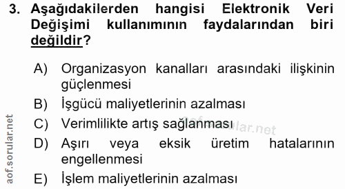3. soru: Aşağıdakilerden hangisi Elektronik Veri Değişimi kullanımının faydalarından biri değildir? A) Organizasyon kanalları…