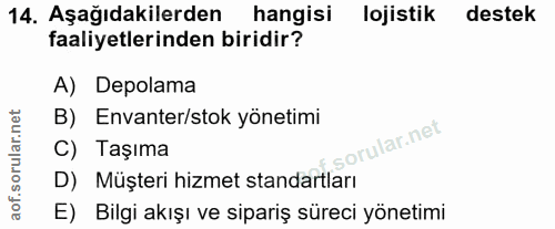 14. soru: Aşağıdakilerden hangisi lojistik destek faaliyetlerinden biridir? A) Depolama B) Envanter/stok yönetimi C) Taşıma D)…