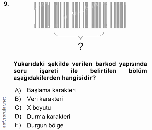 9. soru: Yukarıdaki şekilde verilen barkod yapısında soru işareti ile belirtilen bölüm aşağıdakilerden hangisidir? A) Başlama…