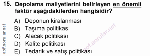 15. soru: Depolama maliyetlerini belirleyen en önemli faktör aşağıdakilerden hangisidir? A) Deponun kiralanması B) Taşıma polit…